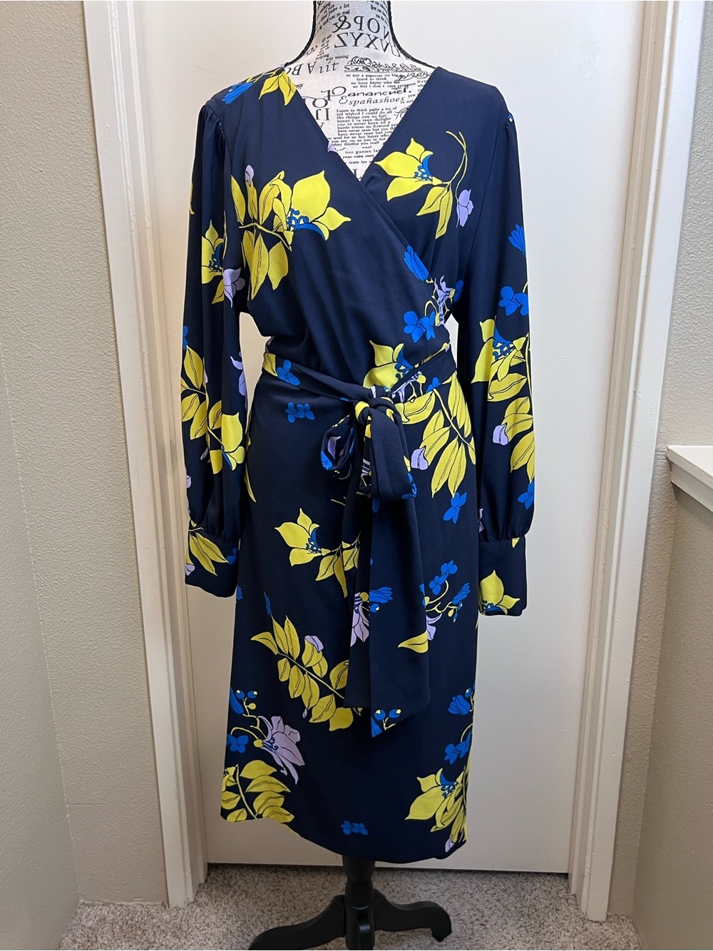 XL Navy Floral Faux Wrap Dress Long Sleeve Autumn wedding guest Dress